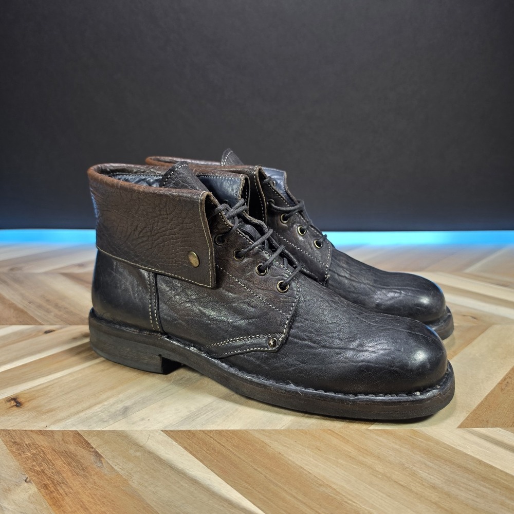MOMA Men's 8.5 Black Brown Leather Fold Cuff Lace Up Ankle Boots Italy 57302